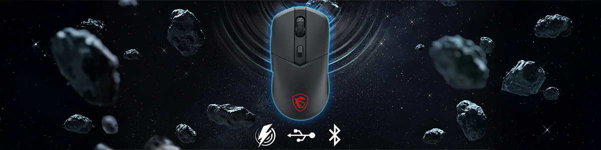 Pusation effect to highlight connectivity, behind the VERSA 300 WIRELESS 8K mouse.