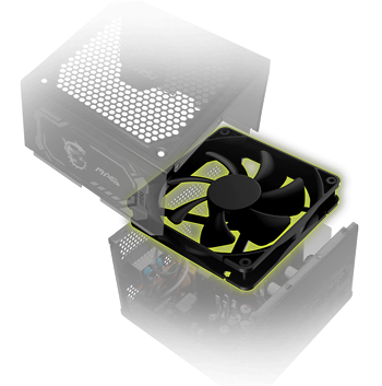 Disassembled PSU with fan highlighted and everything else greyed out