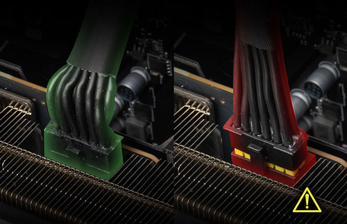 Comparison of fully plugged in GPU cable and wrongly plugged in GPU cable