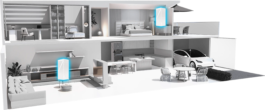 House rendering with Roamii BE Pro Mesh System, pulsating WiFi signal, covering whole home.