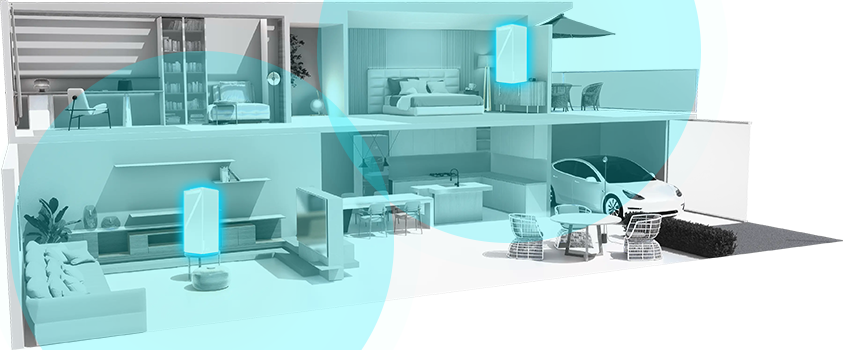 House rendering with Roamii BE Pro Mesh System, pulsating WiFi signal, covering whole home.