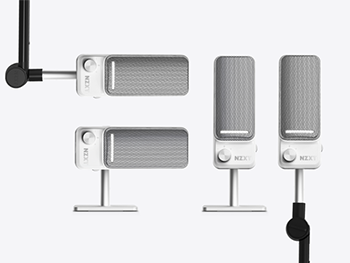 collage of various microphone orientations, including desktop stand, 90 degree, and via studio stand