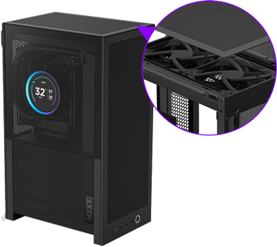 Angled view of case with removable top panel and two fans shown in bubble