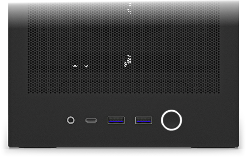 Lower view of case front showing USB ports and power