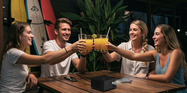 Friends socialising around a table with the Photon Life PK31 atop