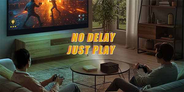 Photon Life PK31 home entertainment projector displaying a large video game screen on a living room wall with two people playing together.