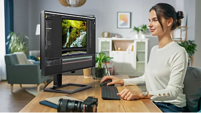 Image of woman using monitor to edit video footage
