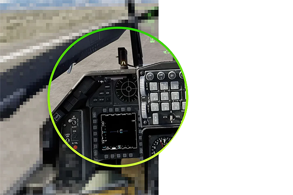Helicoper cockpit game with circle over dashboard, revealing sharper details within the circle against the blurry outer edge. 