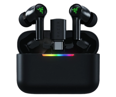 Razer Hammerhead V3 earphones and dongle emerging from case
