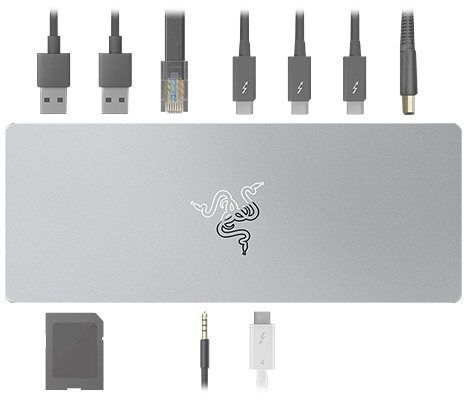 Top-down view of dock with each compatible USB cable positioned by its respected port.