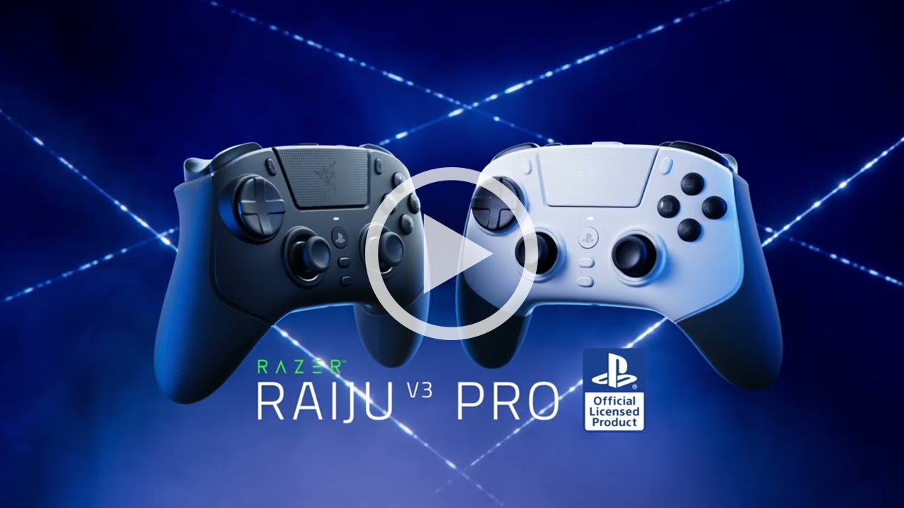 video thumbnail of Razer Raiju V3 Pro PS5 black and white controllers.