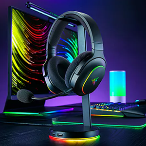 Headset hooked on a RGB charging stand.