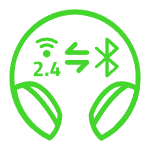 Green headset icon with 2.4GHz RF and Bluetooth icons within.
