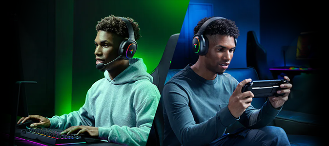 Two gaming scenarios, diagonally split. One man gaming on PC, one man gaming on handheld console.