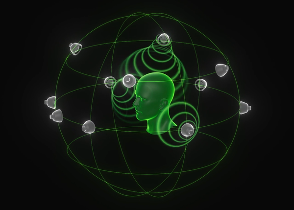 Rendered graphic of human head amongst a virtual cage surrounded by multiple speakers illustrating 3D audio effects of THX Spatial Audio