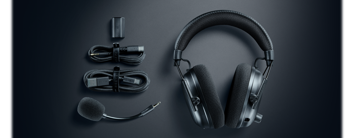 Razer Blackshark V3 Pro flat-lay image with included cables and wireless adapter
