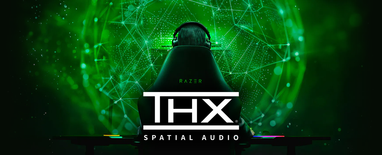 User sat in Razer Gaming chair amongst interconnected, web-like graphic overlay illustrating THX 3D spatial audio soundscape with THX logo