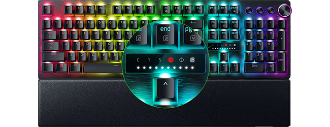 Full image of Razer keyboard with a zoomed in image of the LED indicators