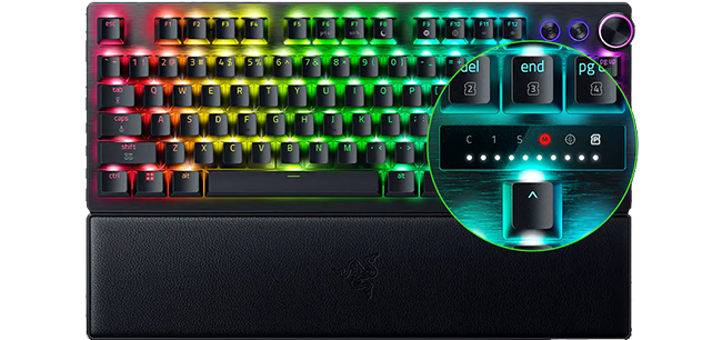 Full image of Razer keyboard with a zoomed in image of the LED indicators