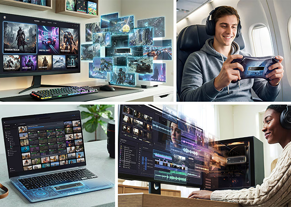 Lifestyle images of desktop setups, a laptop and a man using a handheld gaming device