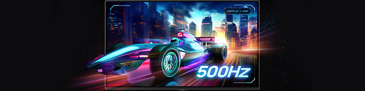 Futuristic racecar speeding through city, highlight 500Hz refresh rate.