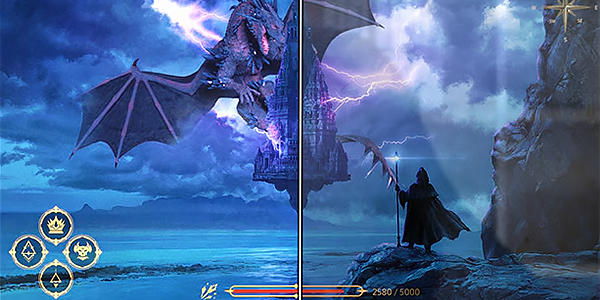 Dragon gaming render split to highlight OLED glare free against conventional anti-reflection.