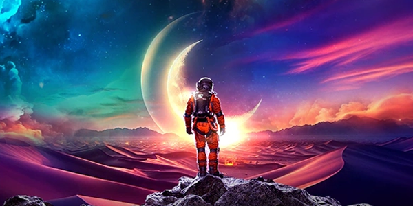 Illustration of astronaught on ambient planet observing a sunset to highlight Panatone validated technology.