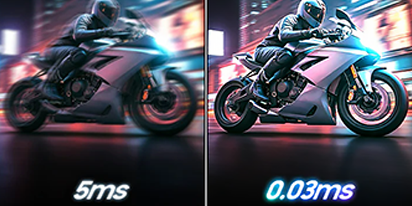 Split screen of motorcyclist speeding through a city, comparing 0.03ms against 5ms.