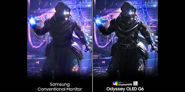 Split screen of futuristic ninja soldier casting a spell, highlighting VESA Display HDR TrueBlack 500.