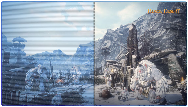 Arctic screenshot of Black Desert with one side with Eye Saver Mode disabled and the other one enabled