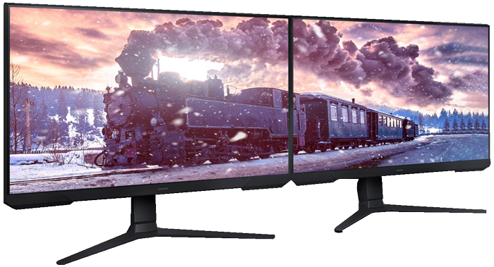 Monitors connected next to each other, revealing smooth, continuous output across devices