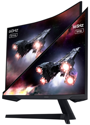 Side by side view of spaceship flying, worse quality with 60Hz 5ms and better quality with 165Hz 1ms