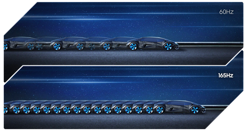 Side by side view of spaceship flying, worse quality with 60Hz 5ms and better quality with 165Hz 1ms