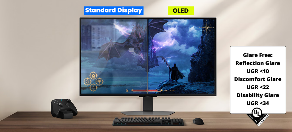 Desk against cream wall with Samsung Monitor placed on it, keyboard and mouse with seperator to indicate non-OLED glare and OLED