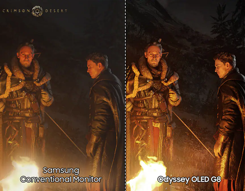 Split screen graphic of night scene in video game with Odyssey showing more detail