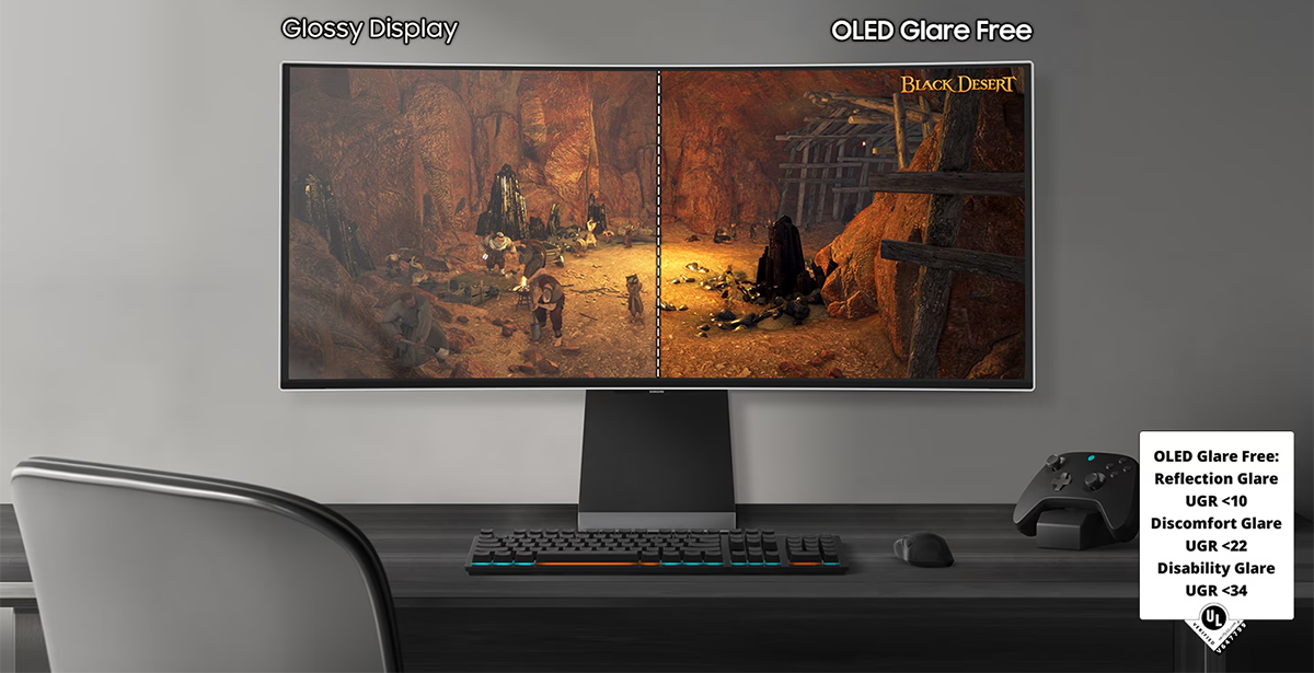 Desk against DARK wall with Samsung Monitor placed on it, keyboard, controller and mouse with seperator to indicate non-OLED glare and OLED