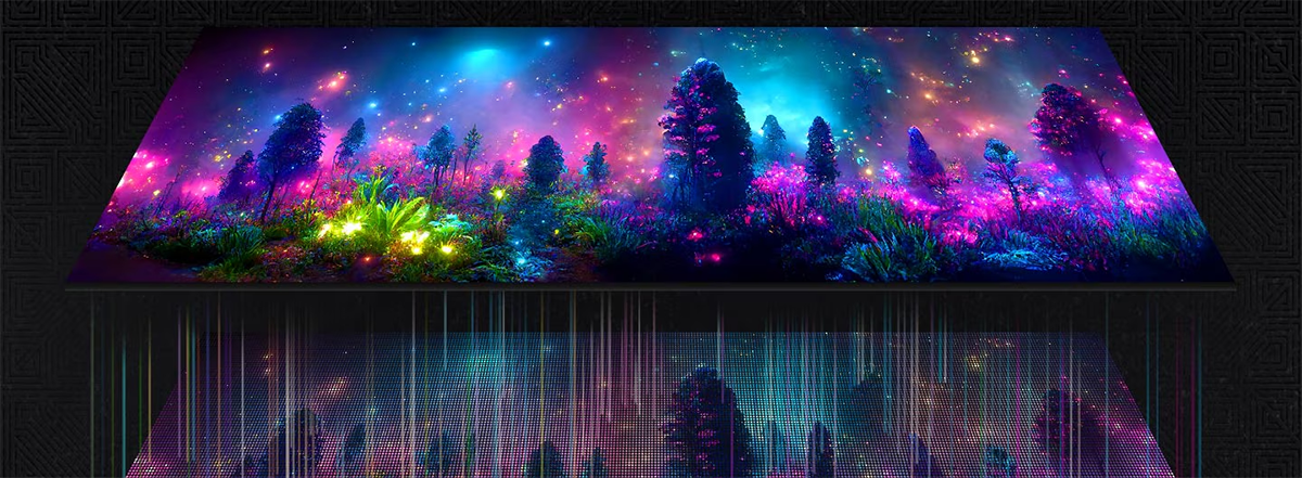 AI graphic of spaceship clipping through border of monitor and features annotated