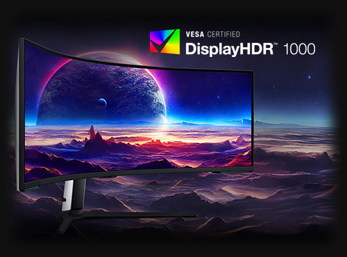 view of colourful alien planet with monitor and displayhdr logo