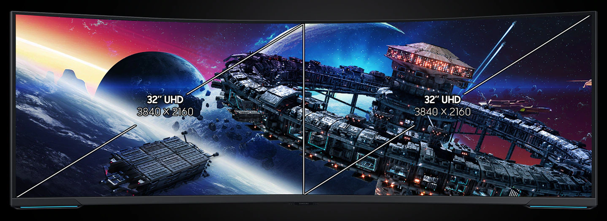 Annotated view of monitor showcasing 32:9 split screen capabilities