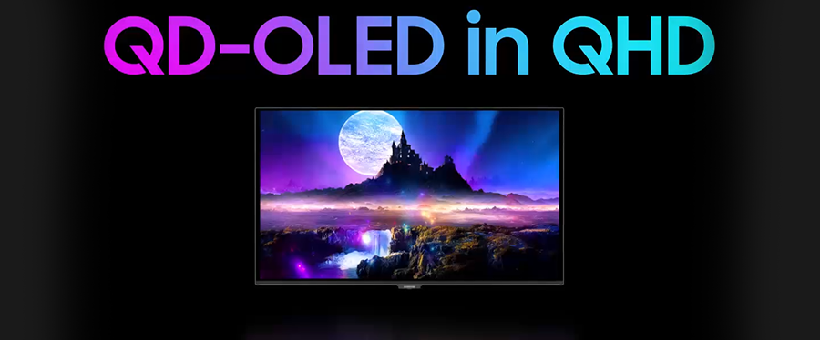 Wide image of the monitor displaying a colourful fantasy land