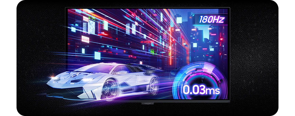 Image of a sports car bursting out of the screen to emphasise fast refresh rate