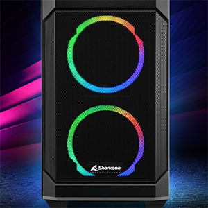 Frontal view of V1000 case with an ambient glowing background, highlighting its premium design