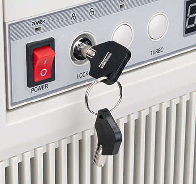 Angled view of case showing key in case lock