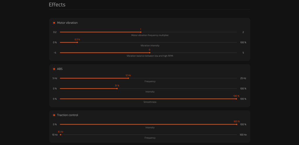 SIMUCUBE software showing the effects panel to highlight expansive configuration options.