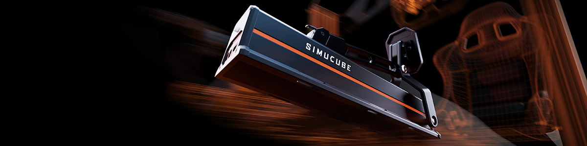 Key visual of Simucube ActivePedal Pro inside an orange cyber-mesh-style cockpit.