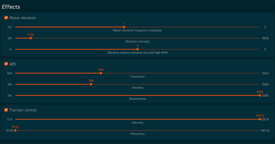 SIMUCUBE software showing the effects panel to highlight expansive configuration options.