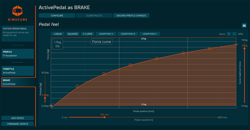 SIMUCUBE software showing force curve of pedal feel, to highlight fine-tuning controls.