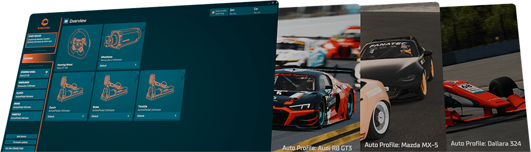 Simucube Tuner software, highlighting automatic car and sim profile switching.