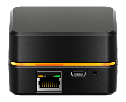 Rear of Simucube Link Hub, showcasing connectivity.
