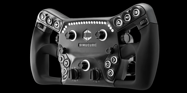 Hero angle of Simucube Savu Pro wheel, highlighting industrial-grade engineering.